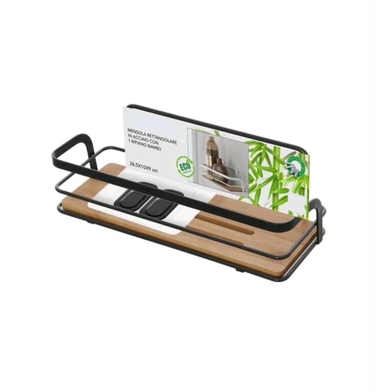 foto del prodotto mensola rettangolare per bagno in acciaio colore nero opaco con ripiano bambu 26,5x10x9h cm