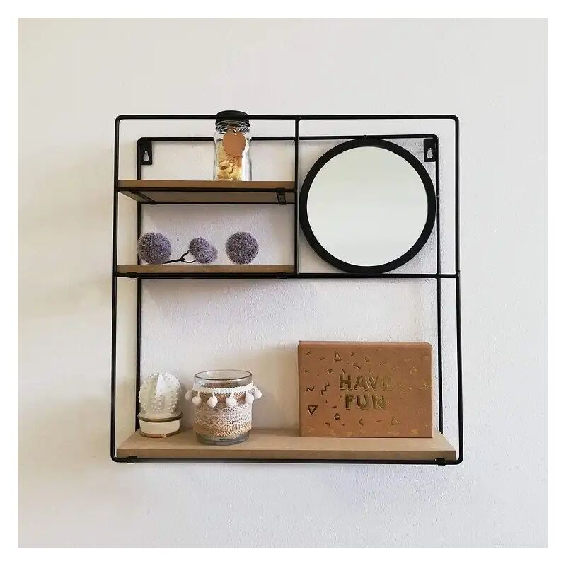 foto del prodotto mensola scaffale da parete muro con specchio rotondo 40x10x40cm in metallo