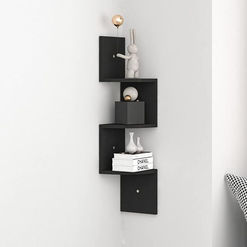 foto del prodotto mensola sospesa a 3 livelli, mensola angolare a parete multistrato, mensola a zig zag, mensola decorativa 82 cm, nero