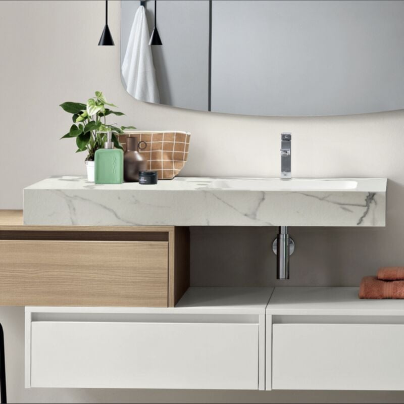 foto del prodotto mensola sospesa lavabo destra 120 cm in hpl laminato fluvio bianco venato