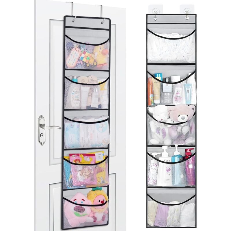 foto del prodotto mensola sospesa, organizer portaoggetti sospeso sopra la porta con 5 grandi tasche e 2 ganci in metallo, per cameretta dei bambini, bagno, cucina,