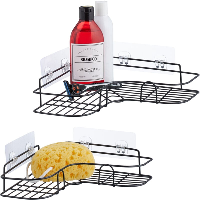 immagine 0 del prodotto mensole angolari doccia, set da 2 scaffali porta sapone ad angolo, autoadesivo senza foratura, in ferro, nero relaxdays
