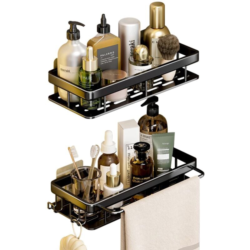 foto del prodotto mensole da bagno con 1 portasciugamani e 2 ganci, portaoggetti da doccia, supporto per doccia senza foratura, accessori da bagno