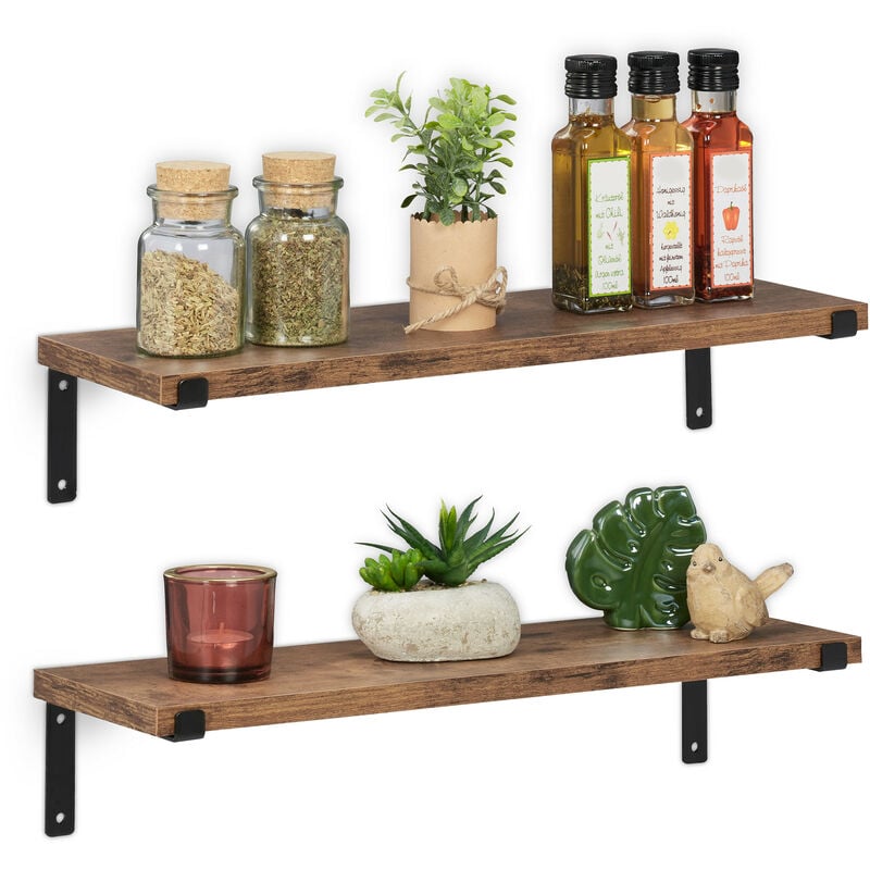 foto del prodotto mensole da muro, set 2 ripiani sospesi, lxp 48 x 15,5 cm, scaffale, libreria design industrial, marrone nero relaxdays