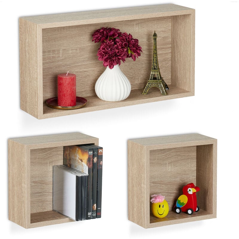 foto del prodotto mensole da muro, set 3 ripiani sospesi a cubo, scaffali in 2 misure libreria parete design moderno, naturale relaxdays