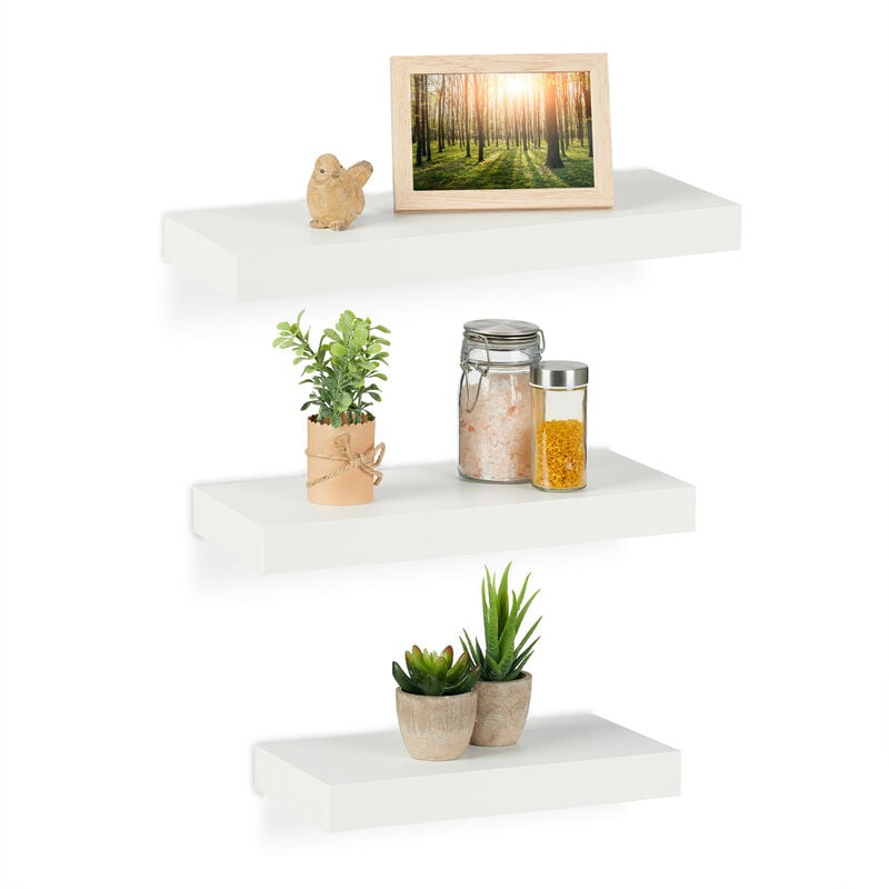 foto del prodotto mensole da muro, set da 3 ripiani sospesi, tre misure, scaffale mdf, libreria parete, design moderno, bianco relaxdays