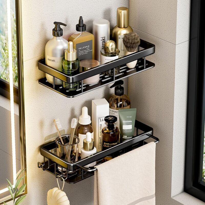 foto del prodotto mensole per il bagno con 1 portasciugamani e 2 ganci, portaoggetti per doccia, portaoggetti per doccia senza foratura, accessori per il bagno,