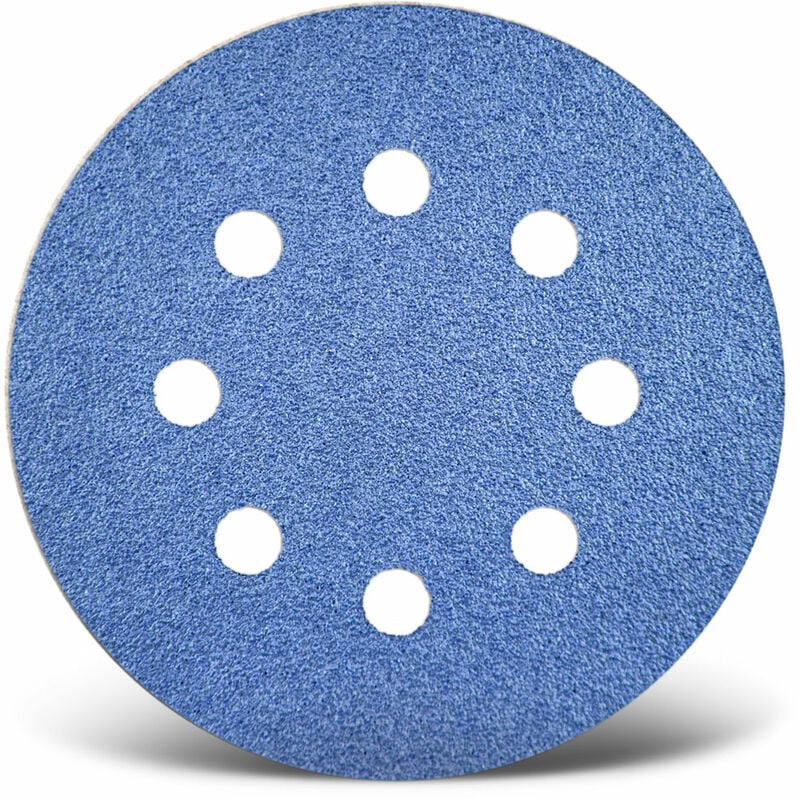 foto del prodotto menzer blue dischi abrasivi velcrati, 115 mm, 8 fori, p. levigatrici rotorbitali, corindone zirconio 25 pz. g100