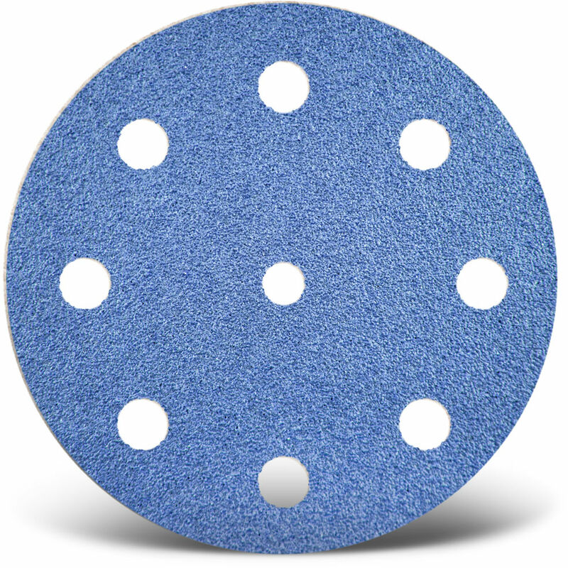 foto del prodotto menzer blue dischi abrasivi velcrati, 125 mm, 9 fori, p. levigatrici rotorbitali, corindone zirconio 25 pz. g100