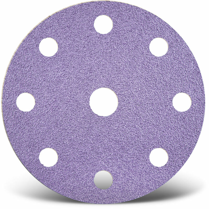 foto del prodotto menzer purple hd dischi abrasivi velcrati, 150 mm, 9 fori, p. levigatrici rotorbitali, miscela di ceramica 50 pz. g400