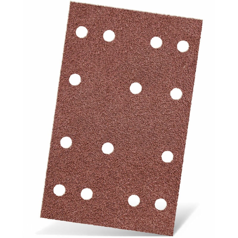 foto del prodotto menzer red carte abrasive velcrate, 133 x 80 mm, 14 fori, p. levigatrici orbitali, corindone normale 50 pz. g150