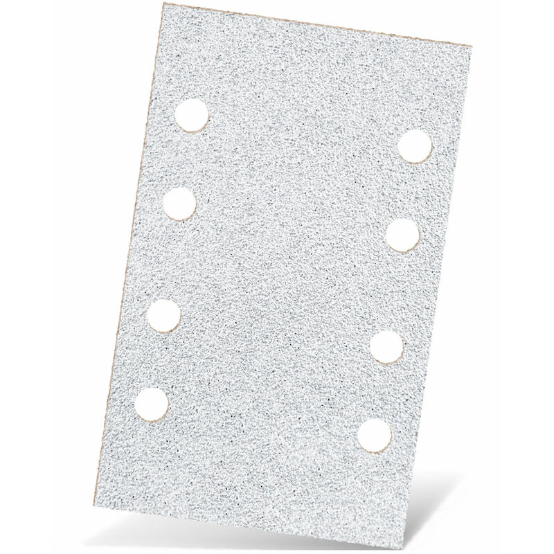 foto del prodotto menzer white carte abrasive velcrate, 133 x 80 mm, 8 fori, p. levigatrici orbitali, corindone normale 50 pz. g100