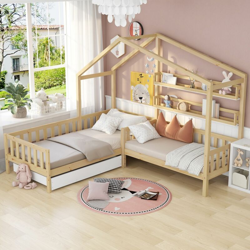 foto del prodotto merax letto per bambini 90x200 cm 140x70 cm letto da casa con cassetti e ripiani, letto da gioco in legno massello con recinzione e rete a doghe,