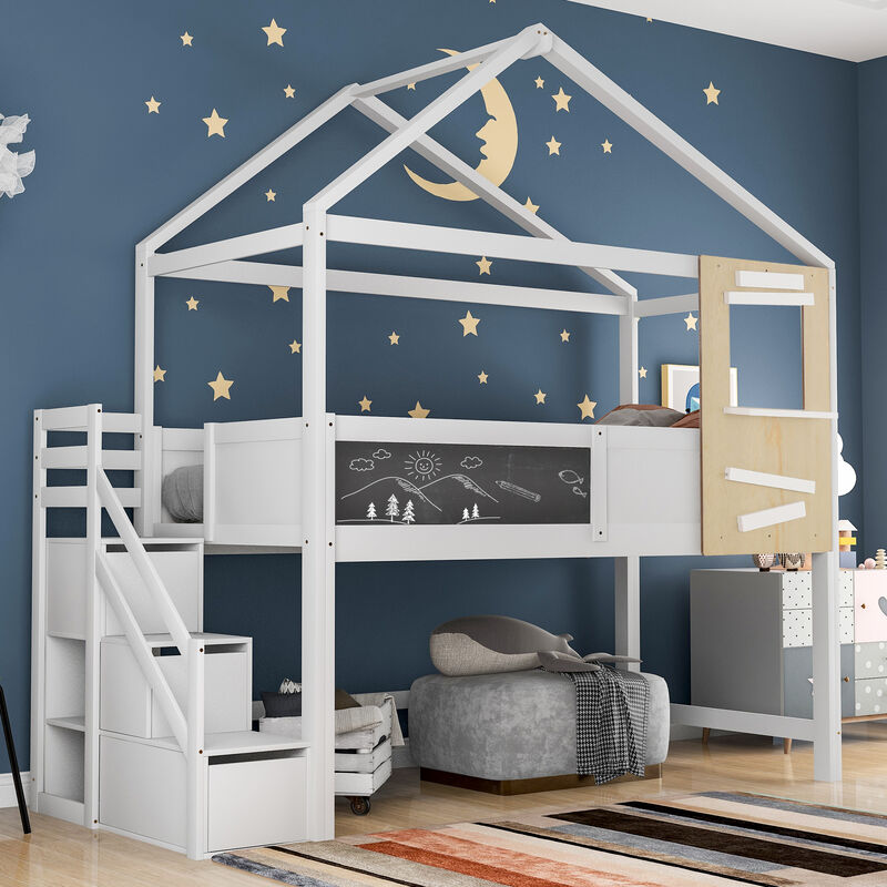 foto del prodotto merax letto per bambini letto a soppalco 90x200 cm letto di casa con scale, finestra, asse e 3 cassetti, casetta per bambini in legno massello con