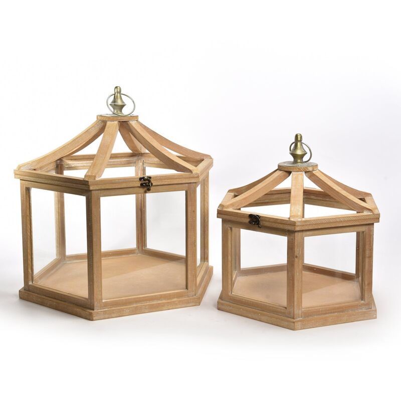 foto del prodotto mercury set 2 lanterna esagonale anticata in legno e metallo decorativa da esterno legno