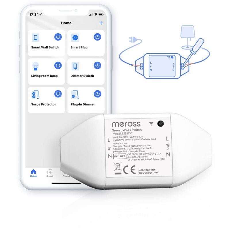 foto del prodotto meross 10a interruttore domestico wifi, smart switch intelligente rel wireless universale, funzione timer, app remoto e timer programma, compatibile