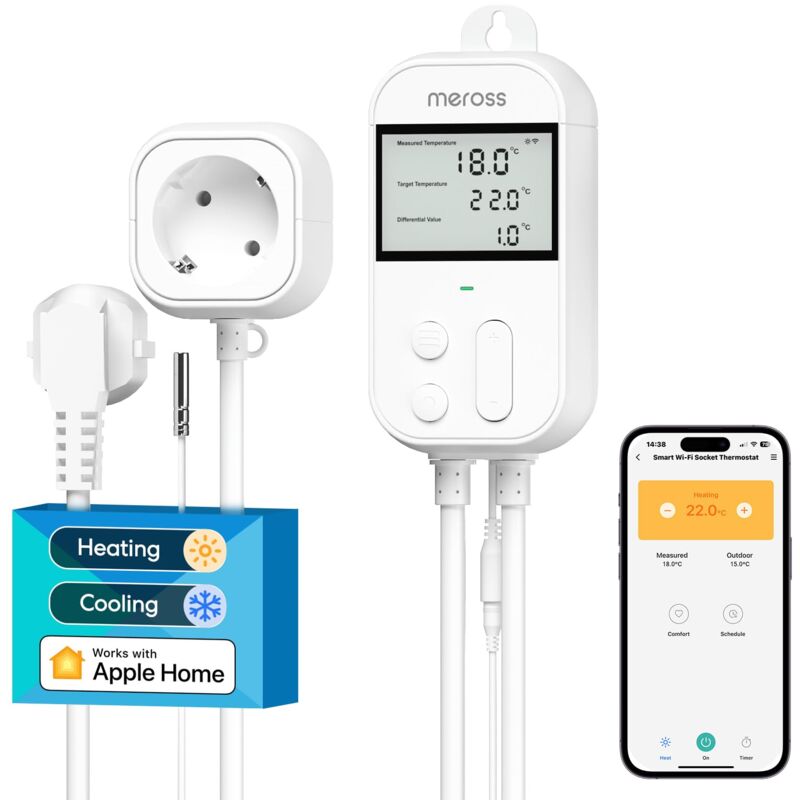 foto del prodotto meross presa smart termostato temperatura per apple homekit 16a, termoregolatore intelligente wifi digitale per alexa e google home, per homebrew,