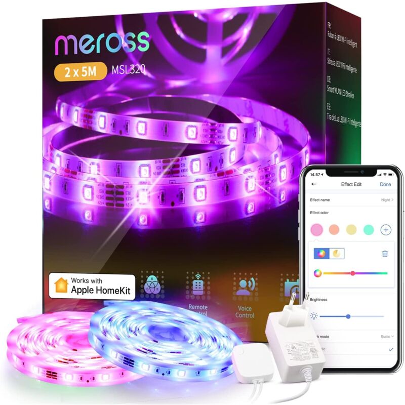 foto del prodotto meross strisce led intelligente 10m, compatibile con homekit, alexa, google, rgb striscia a led nastro wifi, regolabile nell intensit e colore,