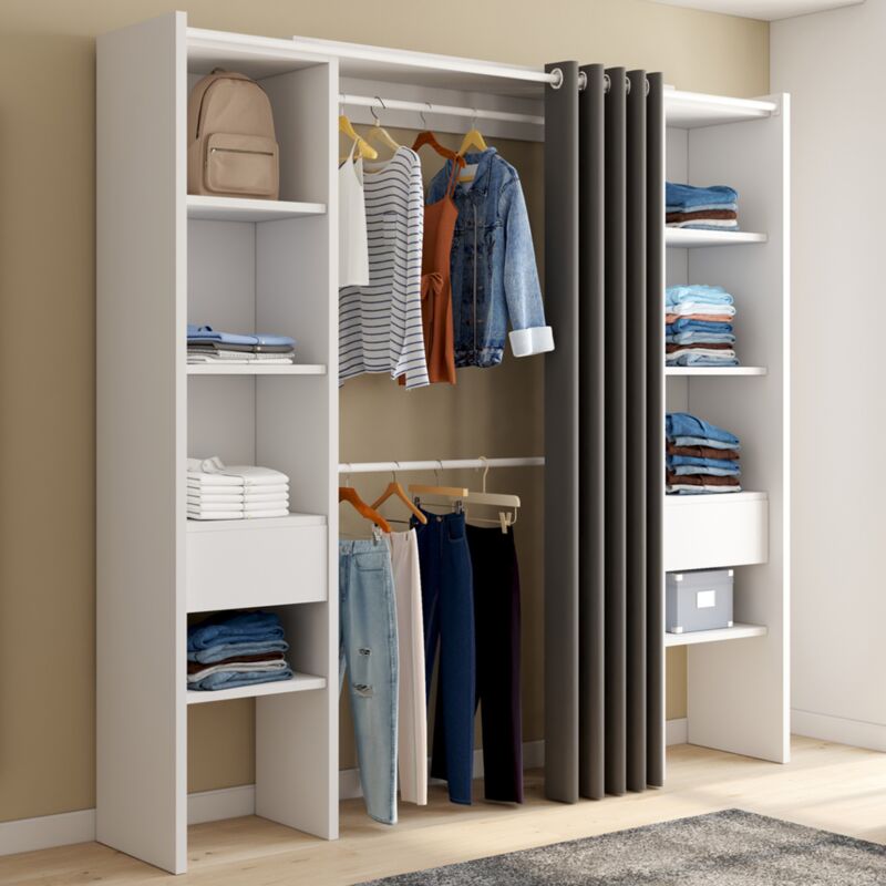 foto del prodotto meryl 120 180 x 180 cm bianco e grigio armadio doppio estraibile con tenda doppio spazio appendiabiti mensole