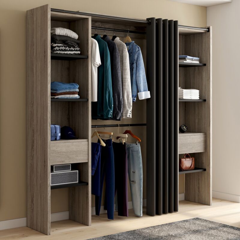 foto del prodotto meryl 120 180 x 180 cm legno e nero doppio armadio estraibile con tenda doppio spazio per appendere mensole