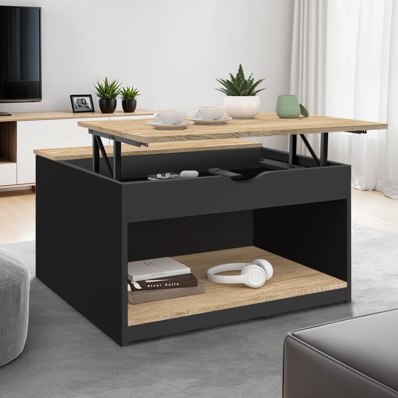 foto del prodotto mesa de centro cuadrada elevable elea con estuche de madera efecto haya y negro