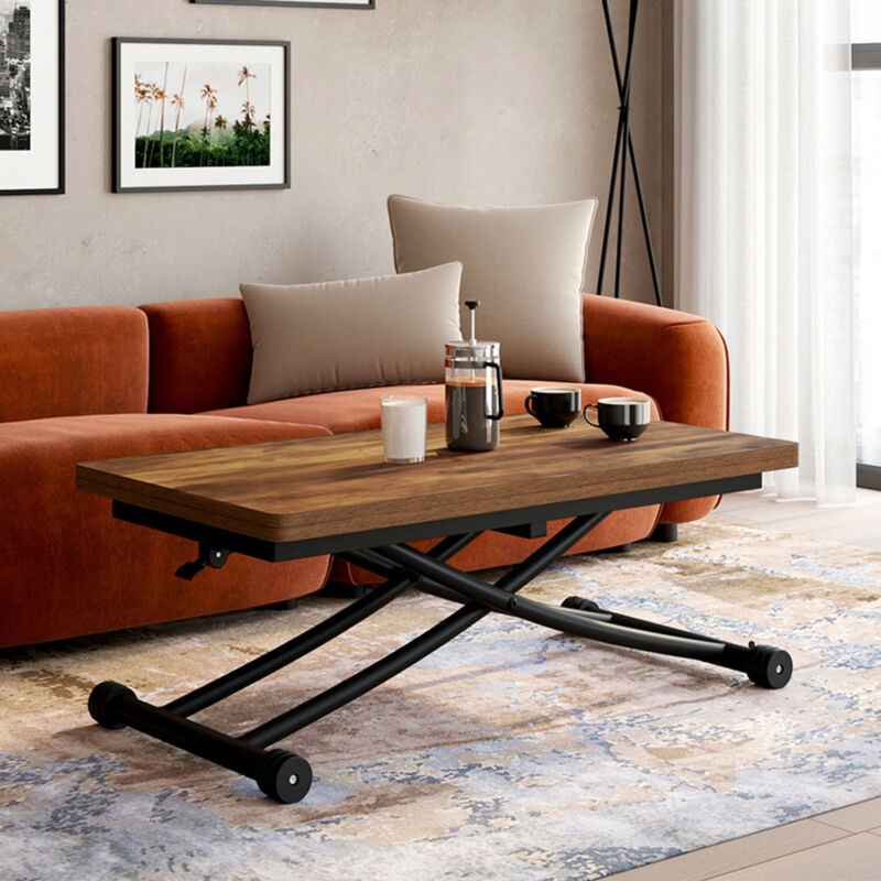 foto del prodotto mesa de centro urbana, convertible en mesa de comedor, de madera oscura con efecto envejecido y negra, dise o industrial