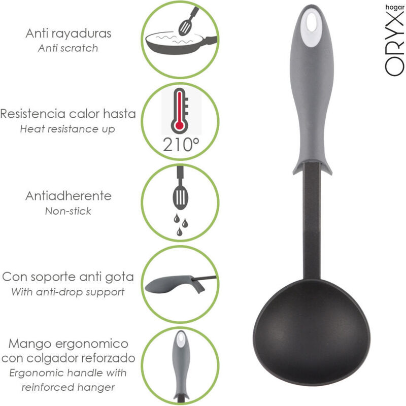 foto del prodotto mestolo da cucina in nylon con manico gommato antigoccia 32 x 9,8 cm.