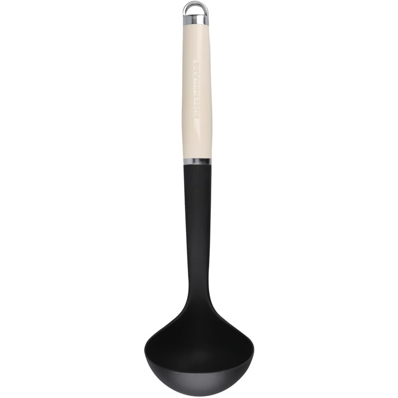 foto del prodotto mestolo profondo de kitchen con manico ergonomico, nero e beige. kitchenaid