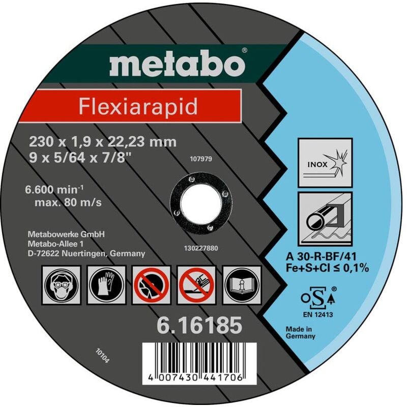 foto del prodotto metabo 616183000 disco de per smerigliatrice angolare flexiarapid a30 r bf acciaio inox piatto 150 x 2,0 x 22,22 mm confezione 25 ud 
