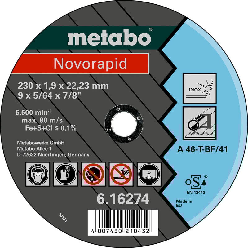 foto del prodotto metabo dischi da taglio novorapid 115x1.0x22.23 acciaio inox