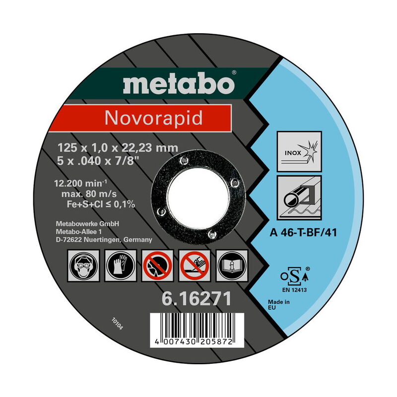 foto del prodotto metabo dischi da taglio novorapid 125x1.0x22.23 acciaio inox