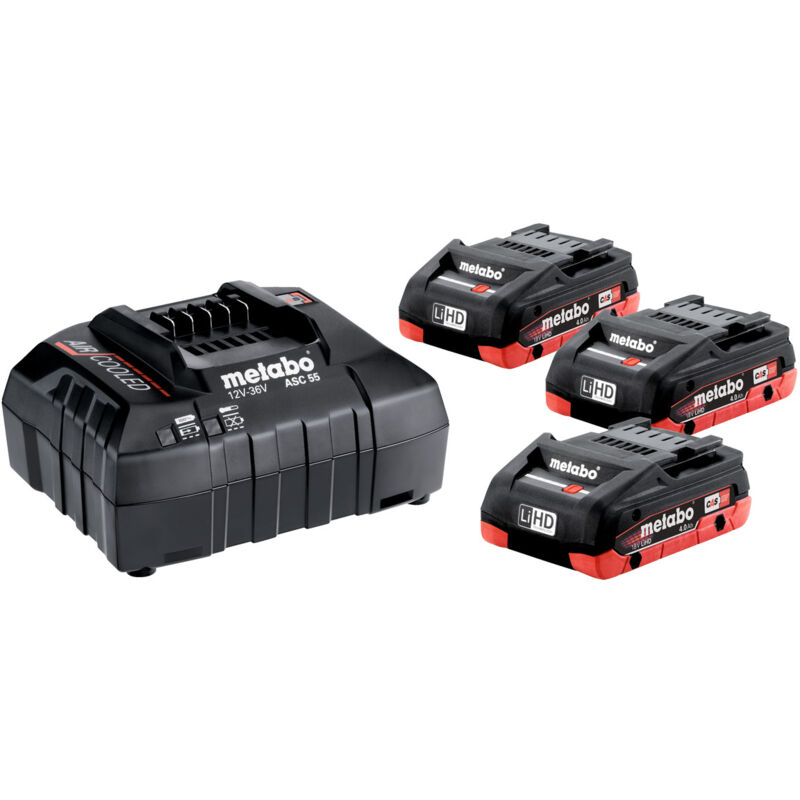 foto del prodotto metabo set base 3x batterie lihd 18v 4,0 ah caricatore asc55 in confezione