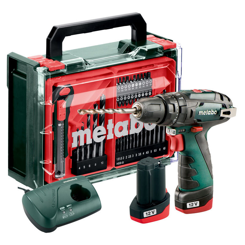 foto del prodotto metabo trapano a percussione a batteria powermaxx sb basic set 600385710 con officina mobile da 41 pezzi valigetta in plastica 12v 2x2ah li power