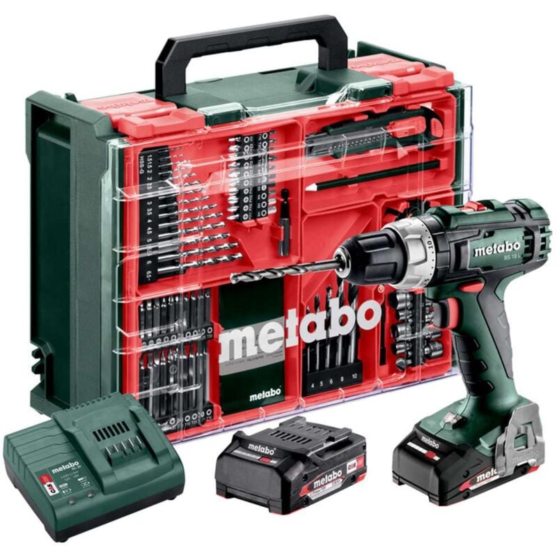 foto del prodotto metabo utensili trapano avvitatore a batteria 18v con accessori, 2 batterie li power da 2,0 ah, caricabatterie 602321710
