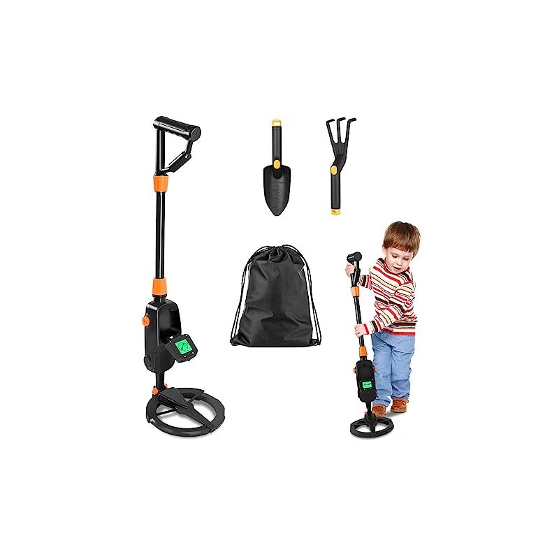 foto del prodotto metal detector per bambini, rileva fino a 13 cm di profondit , con pala, erpice a cinque denti e borsa per il trasporto, display lcd e suggerimenti