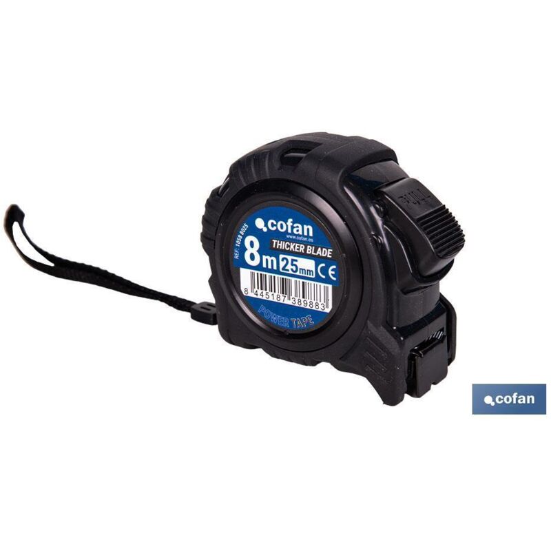 foto del prodotto metro a nastro biadesivo a lama nera con pulsante di bloccaggio e custodia antiurto 8m x 25mm in abs e metallo