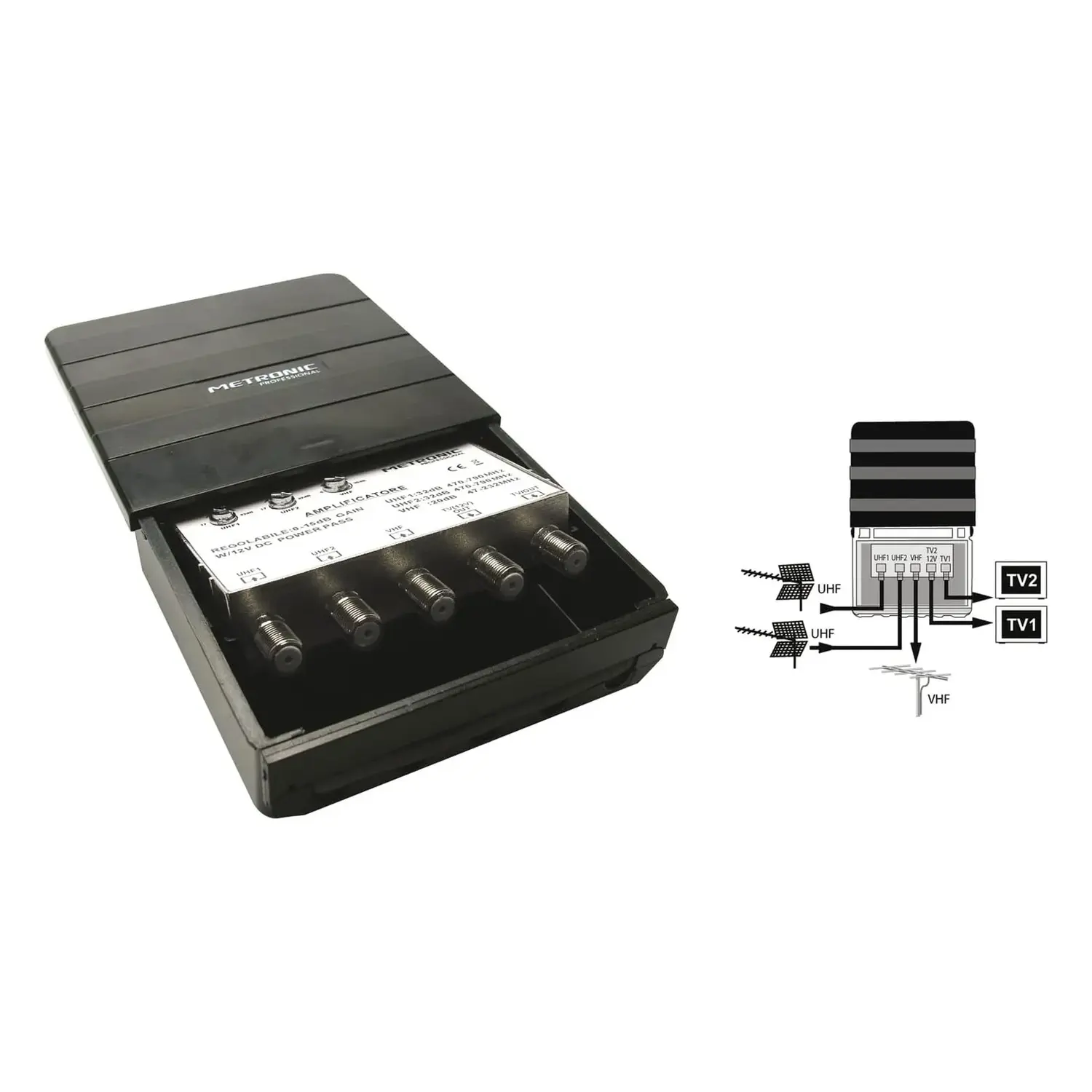 foto del prodotto metronic amplificatore antenna tv da palo 2 uscite 2uhf e 1vhf regolabile 5g 32db