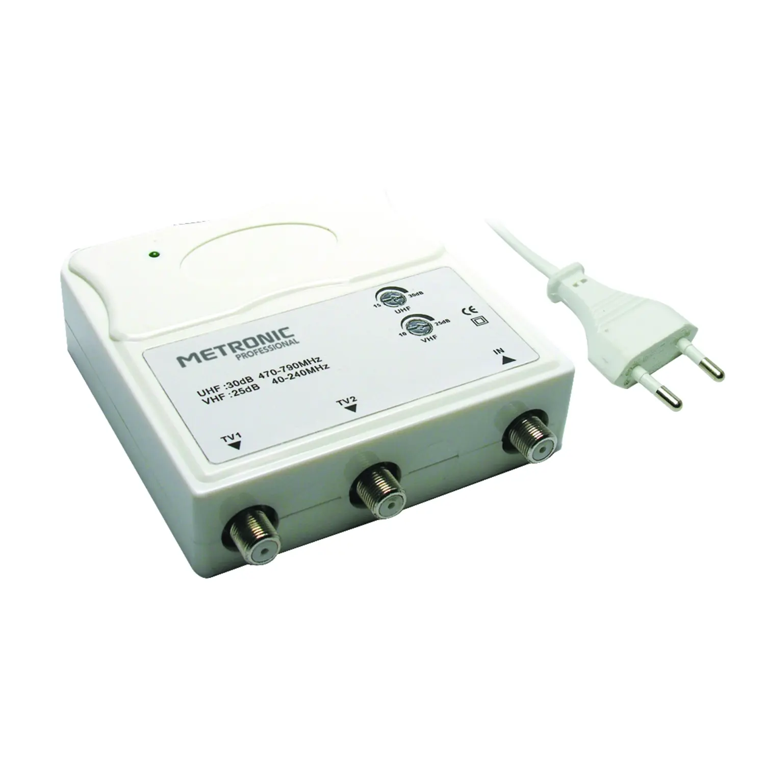 foto del prodotto metronic amplificatore segnale antenna tv vhf uhf da interno 30db 5g 1 ingresso 2 uscite
