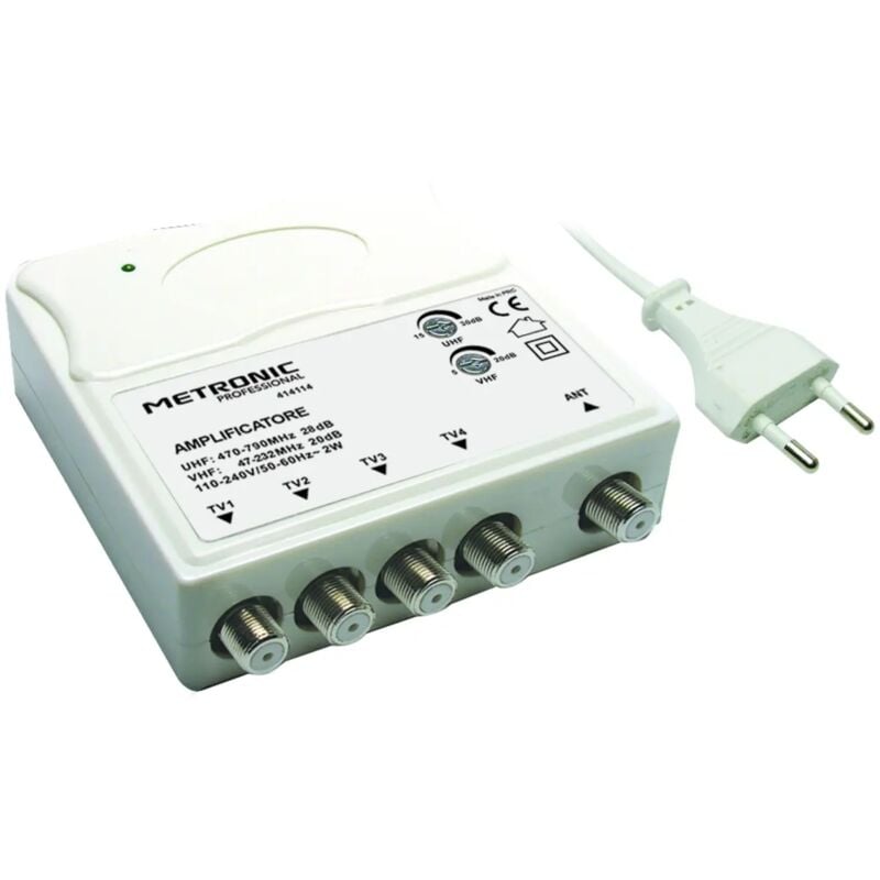 foto del prodotto metronic amplificatore segnale antenna tv vhf uhf da interno 30db 5g 1 ingresso 4 uscite