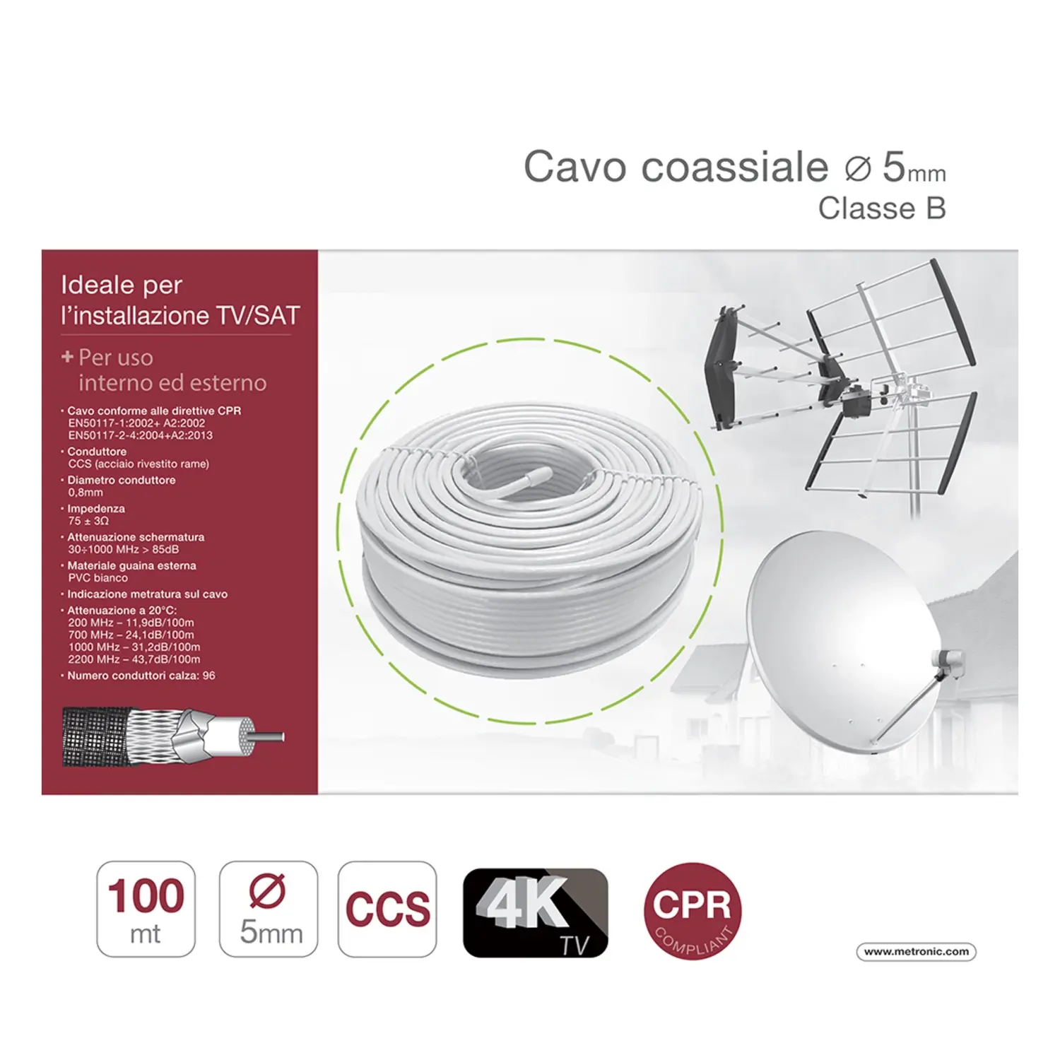 foto del prodotto metronic cavo antenna tv coassiale 5mm classe b matassa 100mt satellite