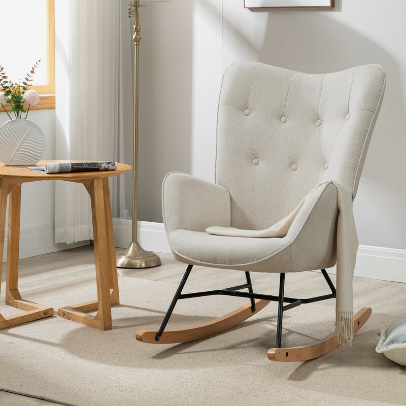 foto del prodotto meubles cosy comoda sedia a dondolo in tessuto beige con braccioli e schienale imbottiti, struttura imbottita nera e gambe in legno di faggio