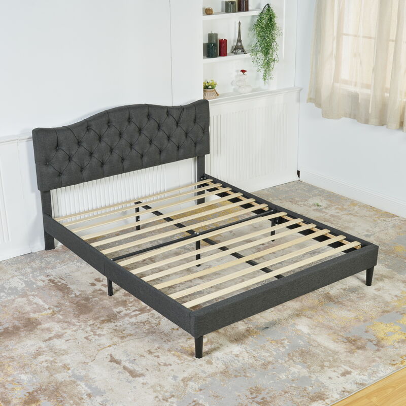 foto del prodotto meubles cosy letto matrimoniale 160 x 200 cm con testiera imbottita in tessuto grigio, rete a doghe di pioppo materasso non incluso 