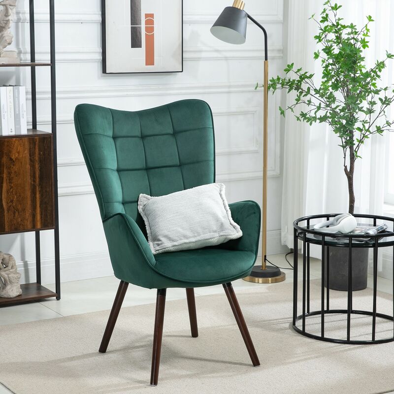 foto del prodotto meubles cosy poltrona con rivestimento in velluto verde, struttura posteriore in metallo, sedile in compensato e gambe in legno di faggio in stile