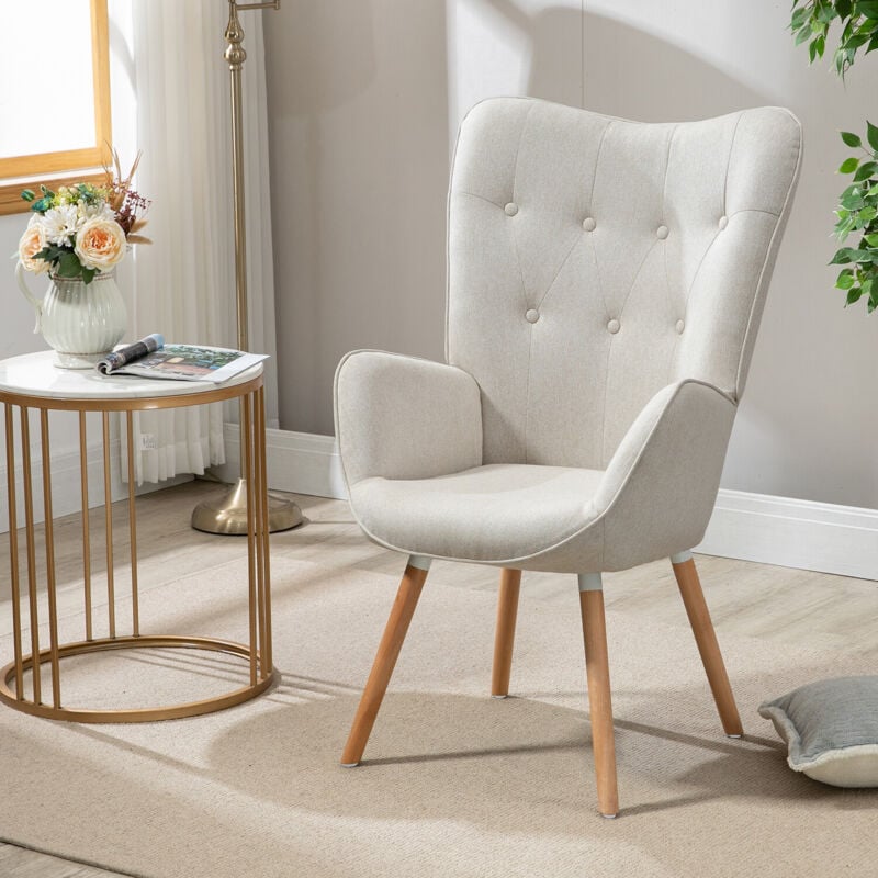 foto del prodotto meubles cosy poltrona con schienale imbottito, seduta in pino e gambe in legno di faggio in colore naturale in stile scandinavo in tessuto beige