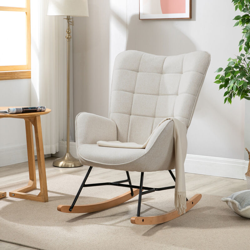 foto del prodotto meubles cosy sedia a dondolo con rivestimento in tessuto beige, struttura posteriore in metallo, sedile in compensato e gambe in legno naturale in