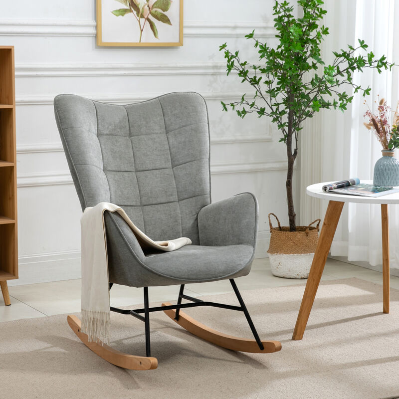 foto del prodotto meubles cosy sedia a dondolo scandinava per il tempo libero, imbottita in tessuto, gambe a forma di e, legno e metallo, adatta per soggiorno,