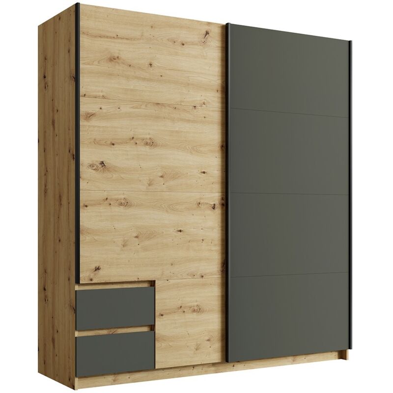 foto del prodotto meublorama armadio 180cm con 2 porte scorrevoli e 2 cassetti color quercia e grigio antracite. collezione arielle