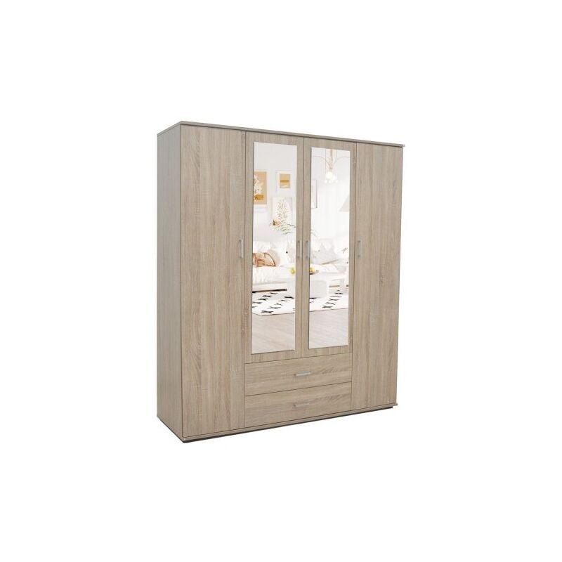 foto del prodotto meublorama armadio, guardaroba, con specchio collezione tom, 4 porte 160 cm, guardaroba integrato rovere sonoma