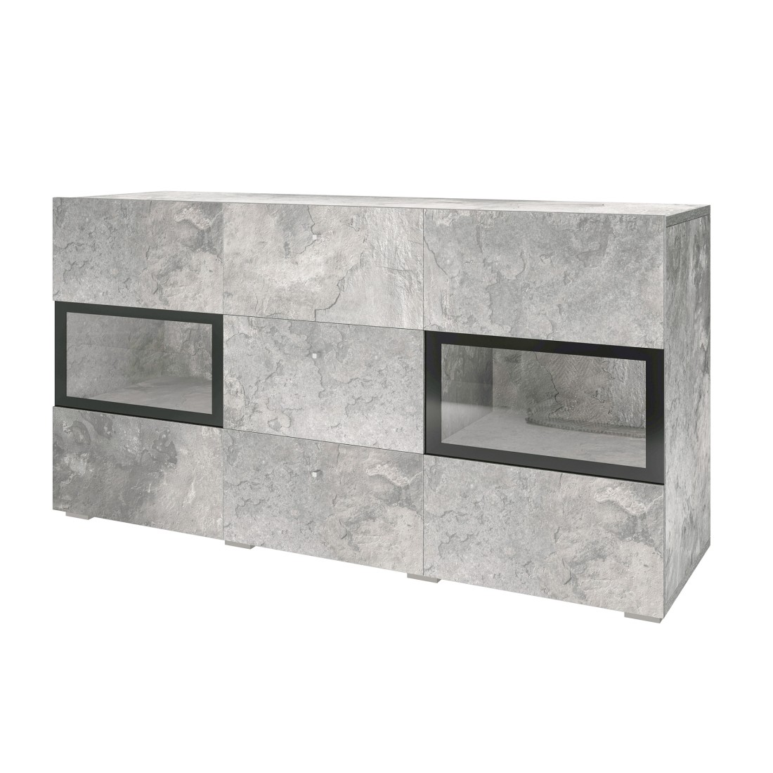 foto del prodotto meublorama buffet ramos 2 porte vetrate 3 cassetti grigio effetto cemento e nero senza led