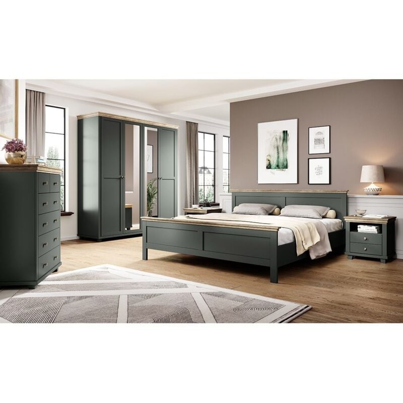 foto del prodotto meublorama camera da letto assia armadio 200cm, letto 160x200, cassettiera, comodini. colori verde kaki e rovere.